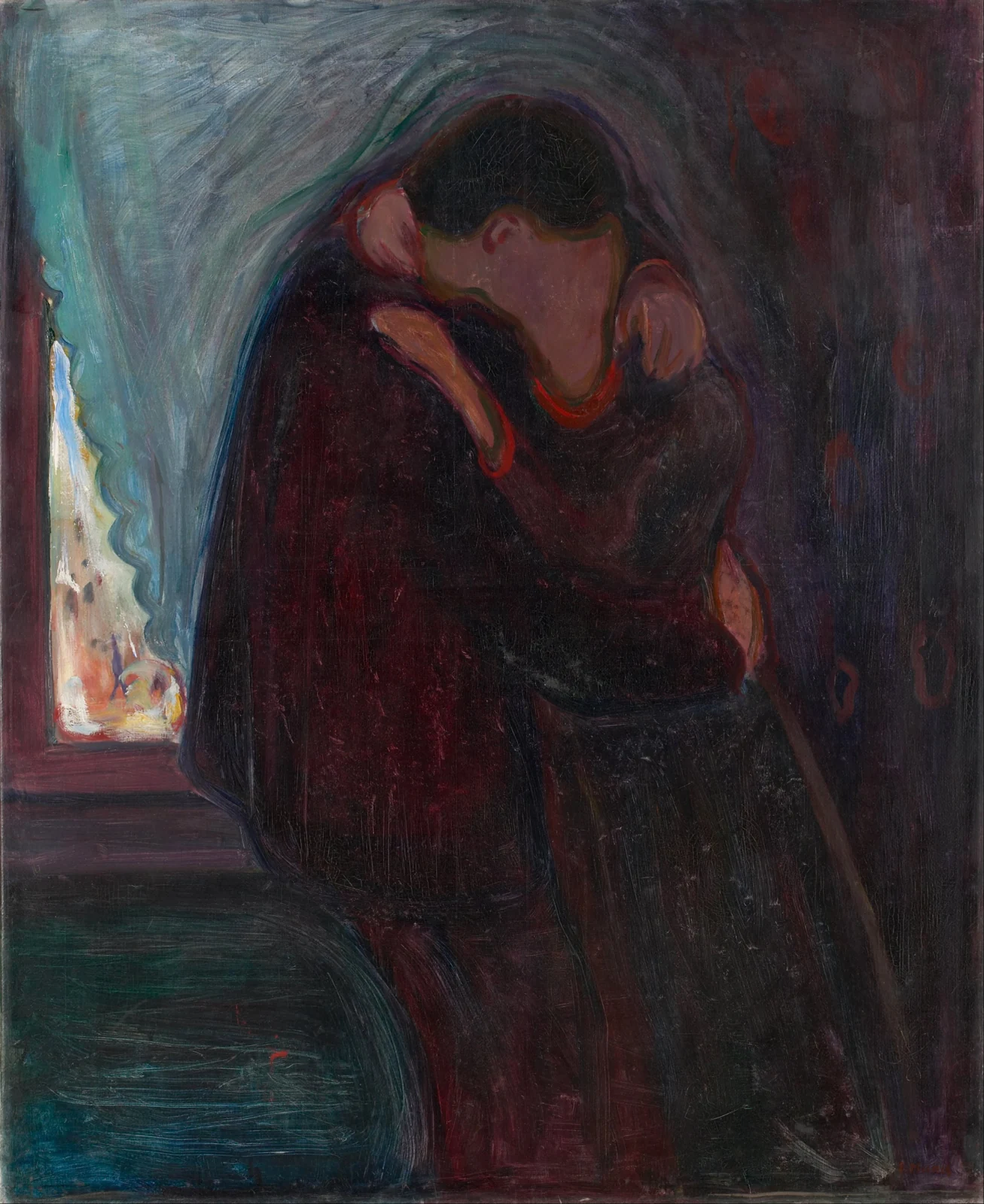 A couple embracing beside a window, their faces merging into one shape.