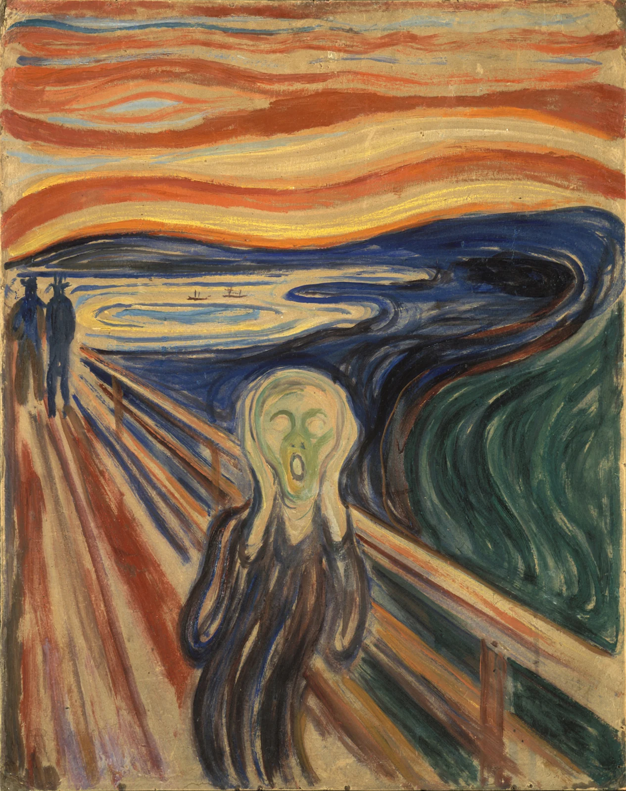 A figure holding its head on a bridge, beneath an orange, undulating sky.