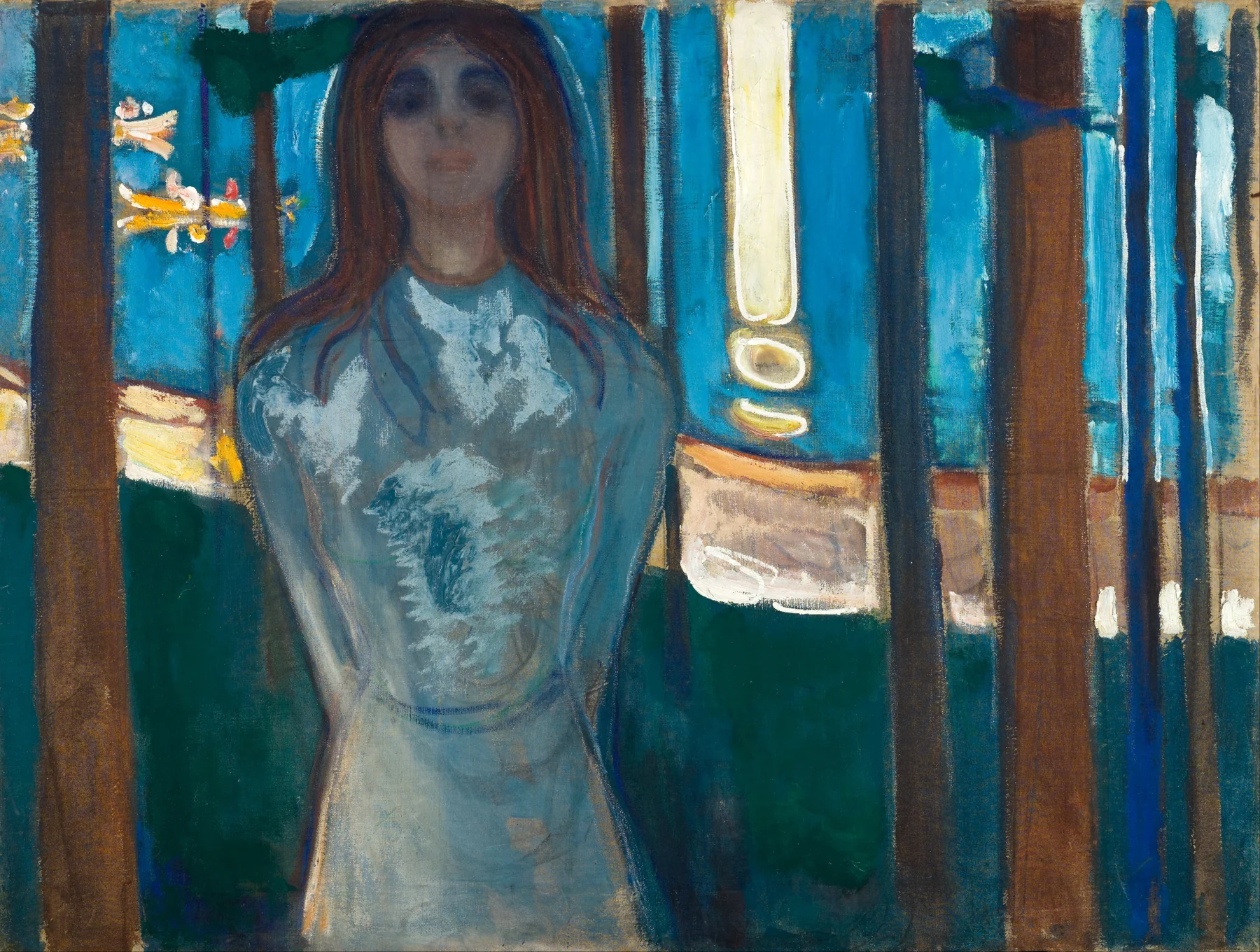 A woman in a pale dress standing among dark trees by the water.